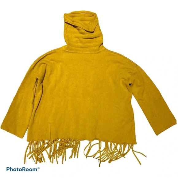 Vintage mustard yellow turtle neck sweater poncho with Tassels hem Sz M - Picture 10 of 10